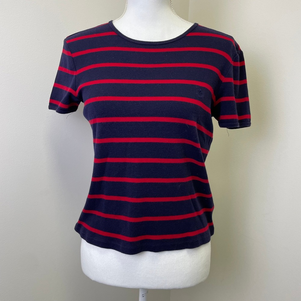 Lauren Ralph Lauren Petite Navy Blue Red Striped Cotton T-Shirt P/M
